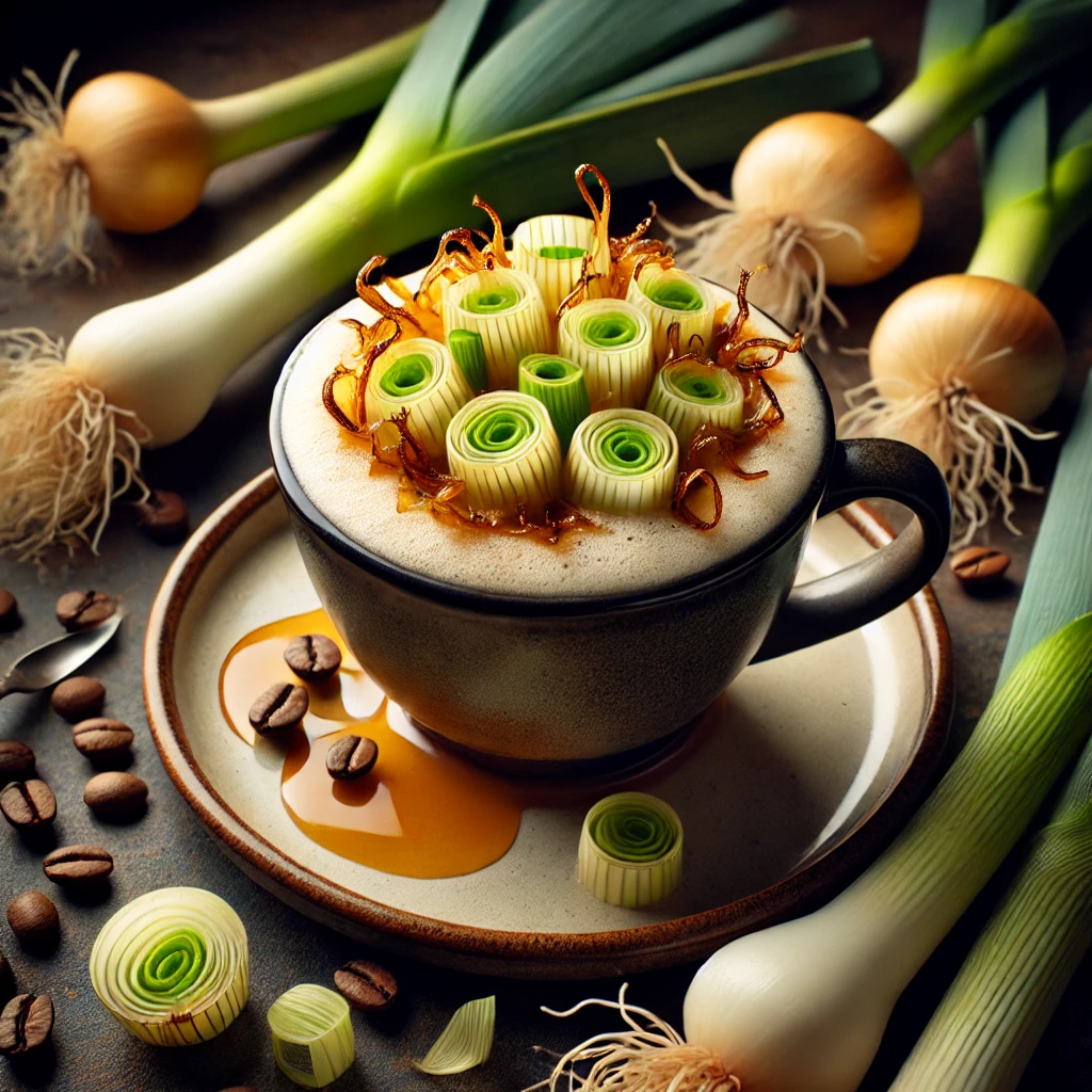 a coffee mug with leeks